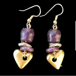 VINTAGE BRUSHED GOLDTONED HEART & PURPLE BEADED DROP HOOK STYLE EARRINGS
